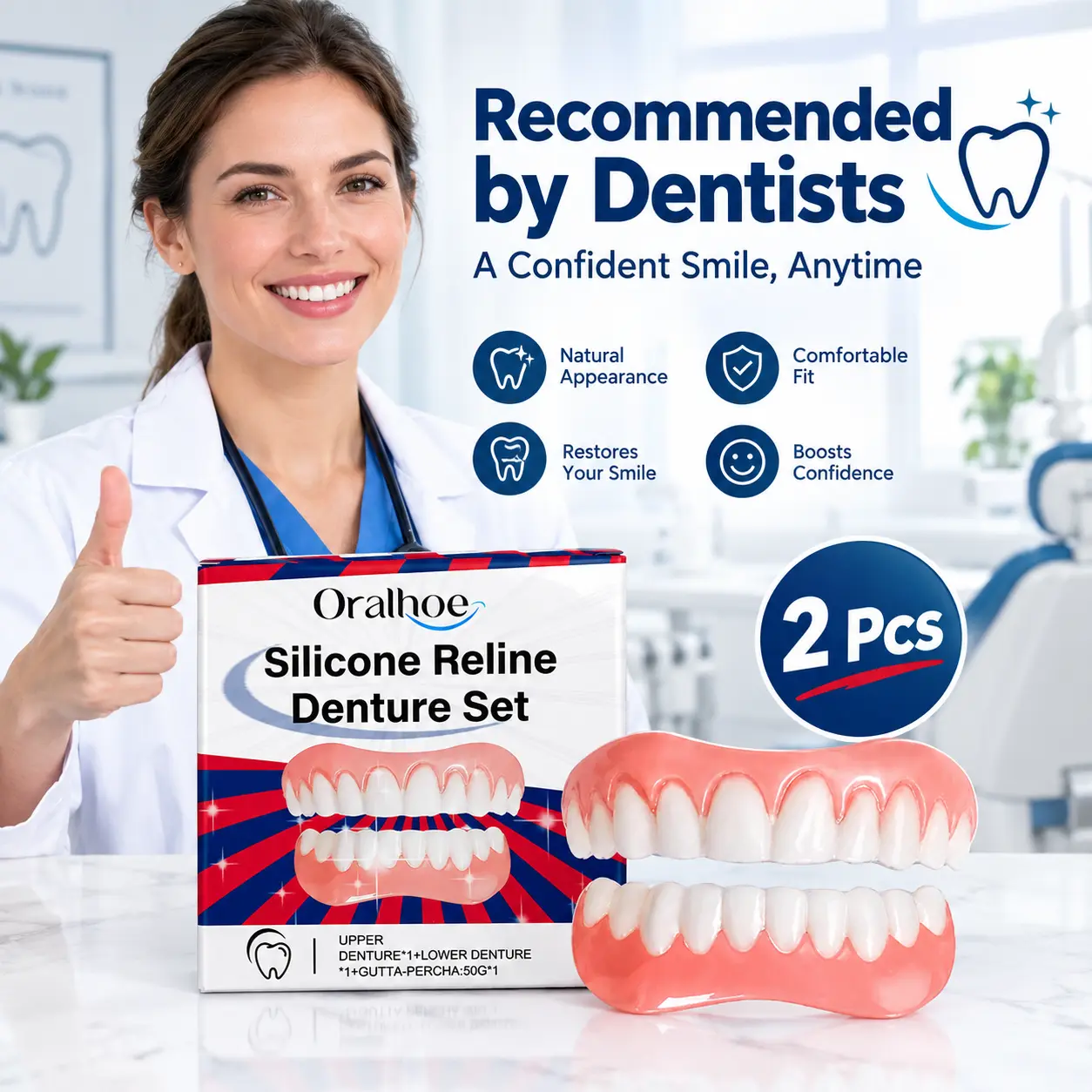 Temporary Snap-On Veneers Kit by Oralhoe, Removable Upper & Lower Cosmetic Teeth Set for Smile Enhancement, Portable Denture Reline Kit with Teeth Whitening Benefit