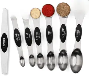 Magnetic Stainless Steel Measuring Spoons Set with Leveler - 7-Piece Stackable Tablespoon & Teaspoon Set for Baking, Cooking, and Measuring Dry & Liquid Ingredients - 0-500ml Capacity