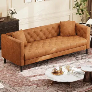Garvee 81" Button-Tufted Leather Sofa in Cognac Tan, Mid-Century Modern Chesterfield Style, 3-Seater with Deep Seat and 2 Pillows, Perfect for Living Room, Apartment, and Office