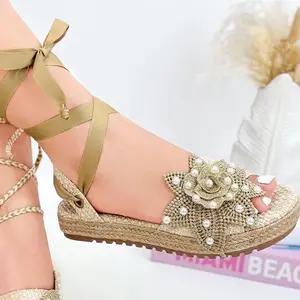 Dewoman Espadrille Style Yute Sandals with Gold Flower and Pearl Accents for Women