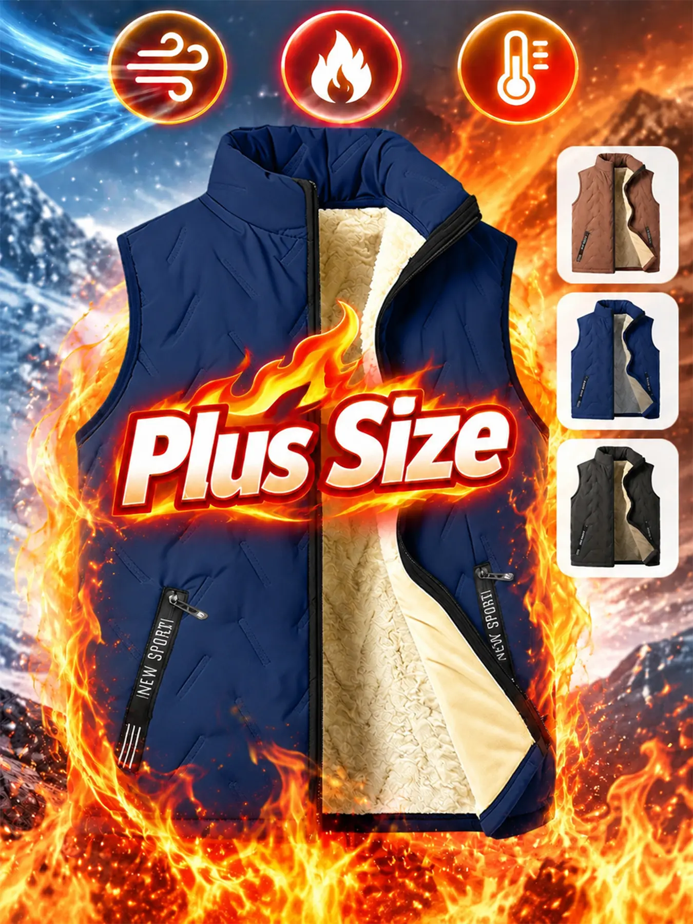 Men’s thick, warm stand-collar vest for autumnwinter, fleece lining locks in heat and keeps out the cold, diamond-patterned topstitching for wind protection, zippered