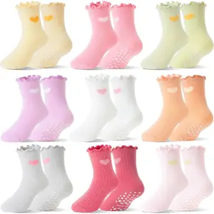 X-SOK10   Baby Girls Toddlers Ruffle Grip Socks for Kids Non Slip Anti Skid Frilly Cute Funny Cotton Crew Grippers Socks 9 Pairs