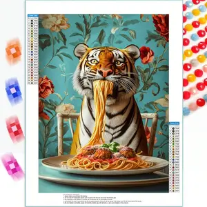 1pc 5D Round Diamond Painting | Tiger Eating Spaghetti Vibrant Floral, 30X40Cm/11.8X15.7In, Ideal For Beginners And Craft Enthusiasts, Perfect For Home Decor, Versatile Decoration, Great Gift For Birthdays, New Year