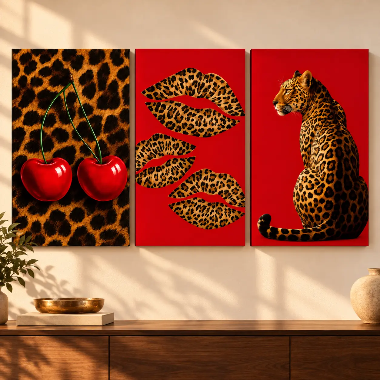Leopard Print Canvas Wall Art Posters - Cherry, Lips & Cheetah Prints, Trendy Aesthetic House Decor Gifts, Leopard Stuff, Unique Funky Apartment Accessories for Bedroom & Living Room