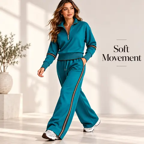 Women's 2 Piece Athleisure Set Half Zip Long Sleeve Pullover & Wide Leg Drawstring Pants, Contrast Side Stripe Matching Tracksuit, Relaxed Casual Outfit for Travel, Airport, Weekend, Coffee Runs, Work From Home, Fall Winter Daily Wear