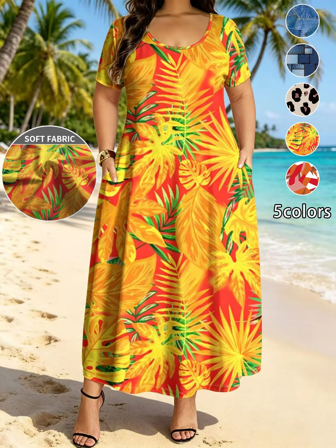 Plus Size Women's Summer Dress, 5 Colors Available, Casual Round Neck Short Sleeve, Long Dress with Pockets, Daily Wear at Home