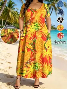 Plus Size Women's Summer Dress, 5 Colors Available, Casual Round Neck Short Sleeve, Long Dress with Pockets, Daily Wear at Home