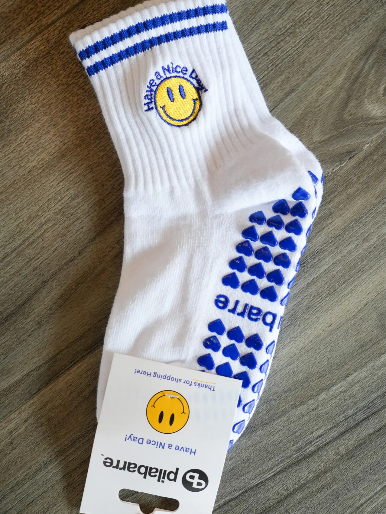 Have a Nice Day Grip Socks | Smiley Face Barre & Pilates Socks | Blue Heart Grippy Crew Socks