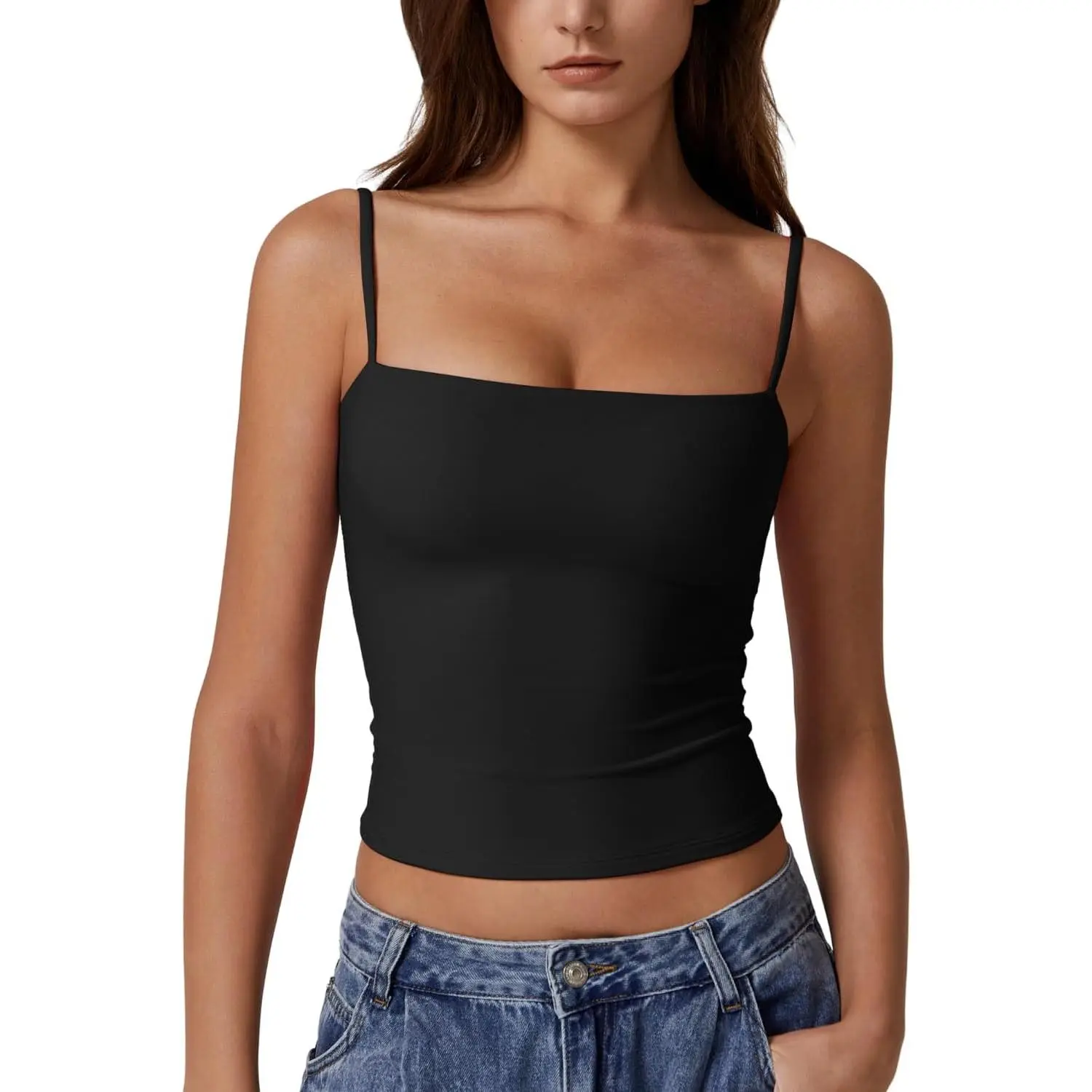 QINSEN Women's Double Lined Basic Tank Top Adjustable Spaghetti Straps Sleeveless Camisole Shirts