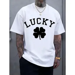 Men's Lucky Four-Leaf Clover Graphic Cotton T-Shirt - Black, Short Sleeve, Crew Neck, Relaxed Fit, 220g Thick Fabric, Casual Summer Style, Machine Washable