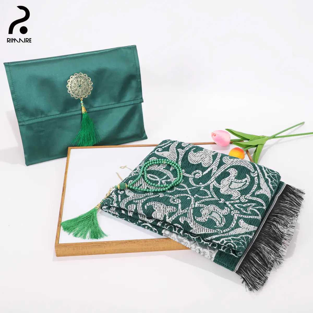 RIMAIRE muslim prayer rug Luxury Embroidery Prayer Mat with Gift Bag and Prayer Beads Fashion Islamic Portable Bag Green