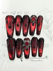 Long Almond Press On Nails 10pcs Blood Red Cat Eye Rhinestone Vampire Goth Edgy Nail Kit for Night Out & Parties