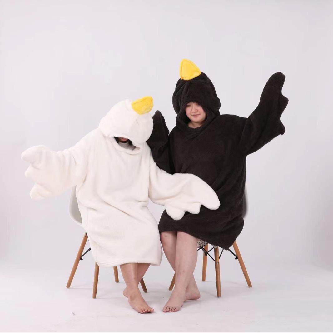 Funny Goose Onesie Wearable Blanket – Oversized Fleece Hoodie with Sleeves & Non-Slip Slippers for Men & Women (Black/White)