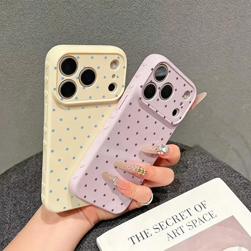 Women's Polka-Dot Heart-Border Aesthetic Smartphone Case, Premium Glossy Soft TPU-PC Composite Protector for iPhone 18Pro Max 17Pro Max 16Plus E 15 14 13, Side Heart-Shaped Relief, Fingerprint-Resistant, Shockproof, Handheld Devices Accessories, JL105
