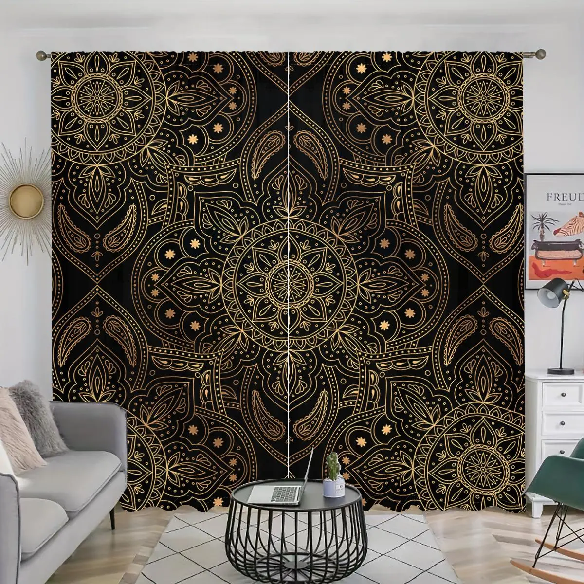 Boho Style Mandala Pattern Curtain, 2 Counts/set Retro Style Door Curtain, Home Decorative Curtain for Living Room Bedroom Study Room Bathroom Kitchen