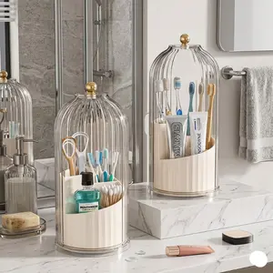 360° Rotating Toothbrush Holder with Dustproof Cover | Clear Bathroom Countertop Organizer for Toothpaste, Electric Toothbrush, Razor & Toiletries | Space Saving Vanity Storage