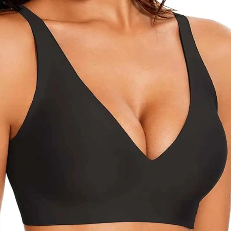 Women's Wire-Free Jelly Cup Bra Tops - Push Up Deep V-Neck, 3/4 Coverage, U-Back, Jelly Strips Natural Lift, Seamless Fitted Fabric Bralette, Pure Color/Leopard Print, Elegance Daily Support for Work & Yoga