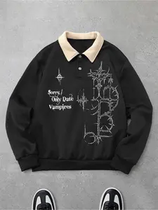 Unisex style, Y2K collegiate look, letter print, autumn and winter version, thick and retro British aesthetic lamb-fur collar pullover POLO hoodie. Suitable for streetwear, casual, individual, and trendy outfits