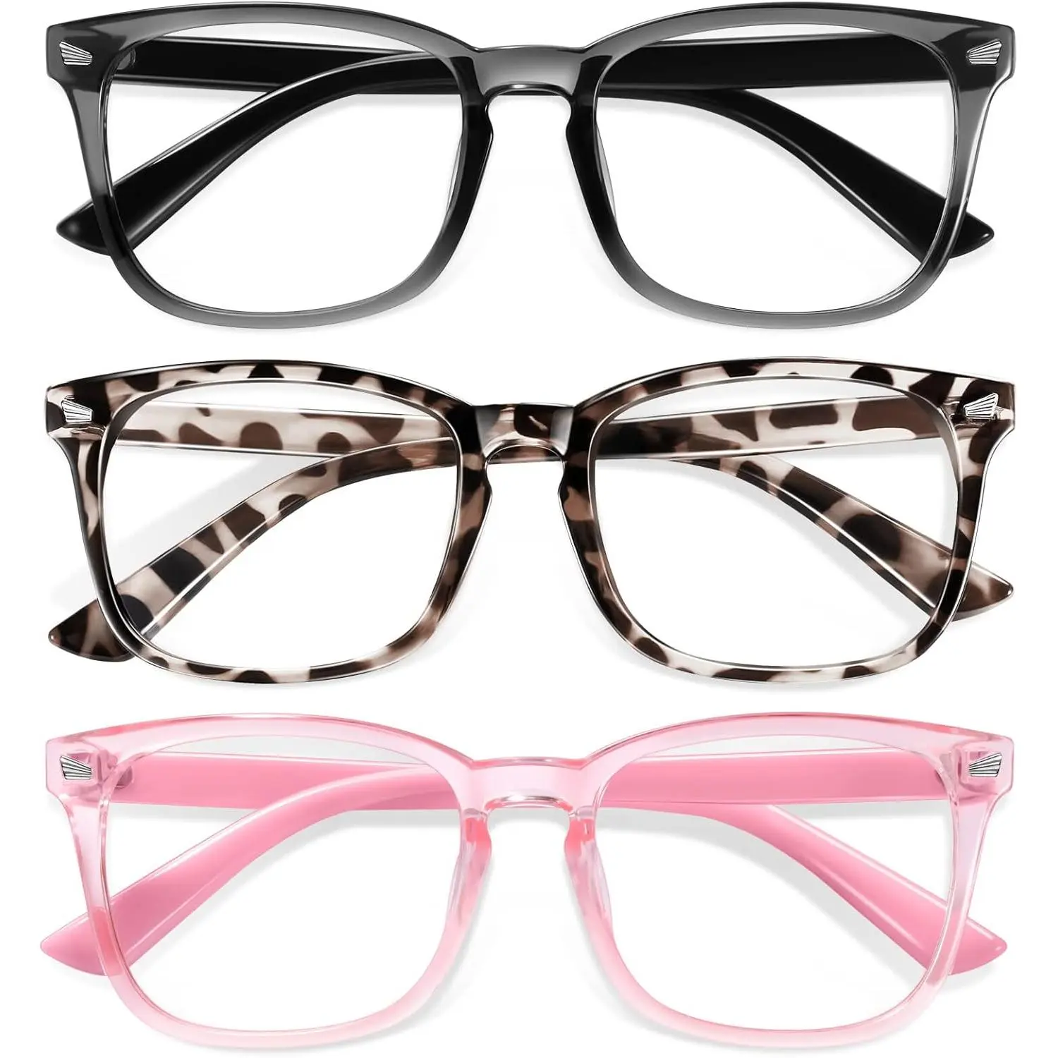 Okany Blue Light Glasses for Kids 3 Pack Blue Light Blocking Glasses for Girls Boys Computer Gaming Screen Glasses, Anti Glare Eyestrain Teen Fashion Glasses Age 3-10 (Grey Black+Leopard+Pink)