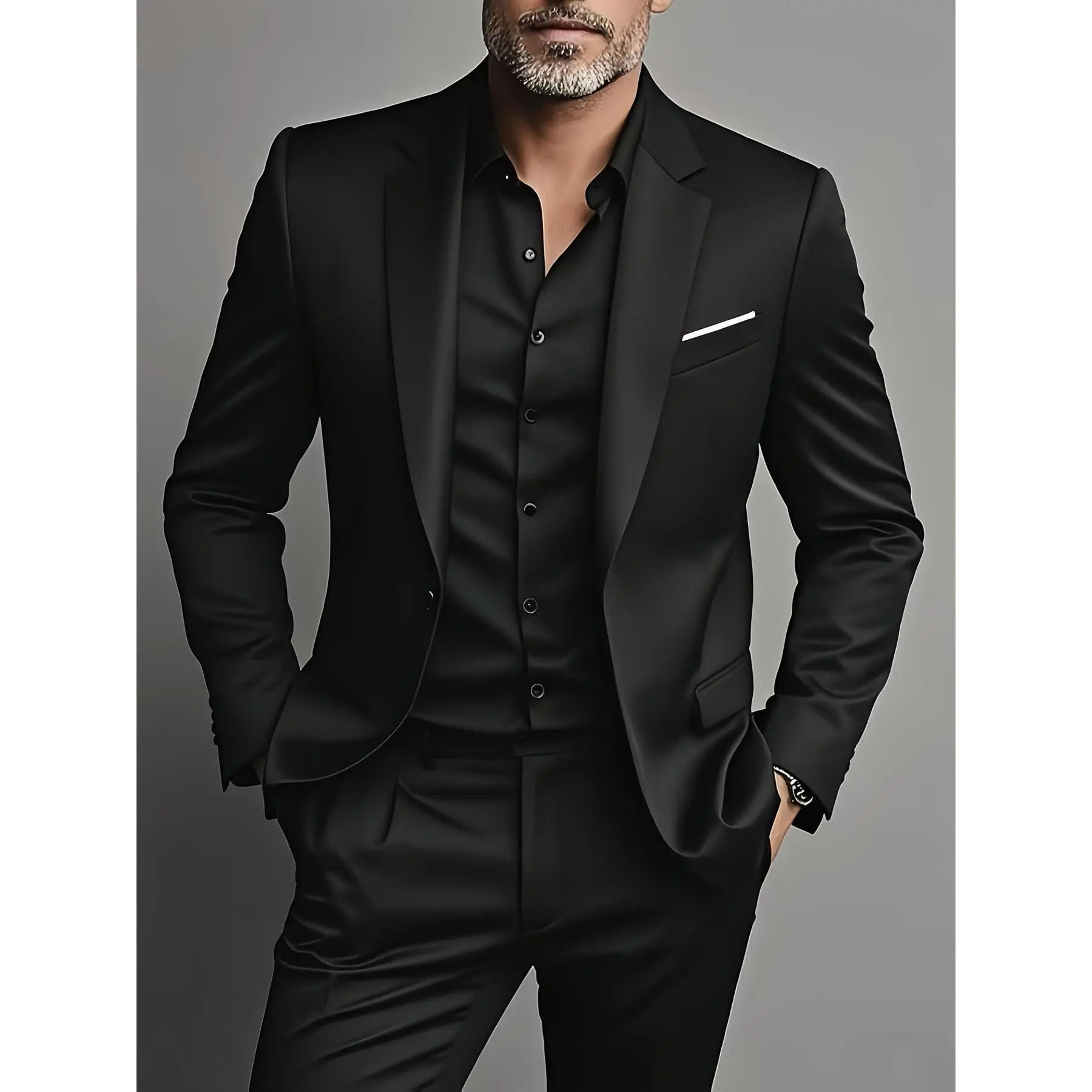 Men's Slim Fit 2-Piece Plain Formal Suit Set - Long Sleeve Menswear Formal Wear Polyester Jacket & Trousers with Buttons, Stylish Gentleman Outfit for Weddings, Prom, All-Season Use