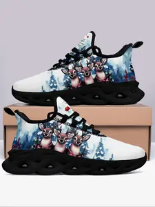 Men's Reindeer Print Lace Up Mid Top Sneakers, Casual Comfortable Sports Running Shoes, Male All-match Round Toe Shoes for Daily Wear