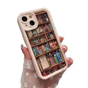 3D Bookshelf Phone Case Library Bookcase Pattern Design Shockproof Protection for iPhone 7 8 9 10 11 12 13 14 15 16 17  Series Vintage Silicone Full Coverage flex