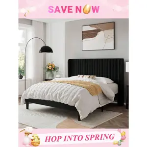 Full/Queen/King Size Velvet Bed Frame / Vertical Channel Tufted Wingback Headboard / Upholstered Platform Bed / Sturdy Wooden Slats / No Box Spring Required / Easy Assembly / Blue / Black / White / Green / Teal / Pink / Gray * Bed Frame Queen Queen Bed Fr