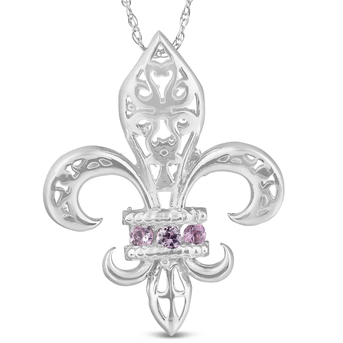 Pink Sapphire Vintage Fleur De Lis Pendant 10KT White Gold 1"