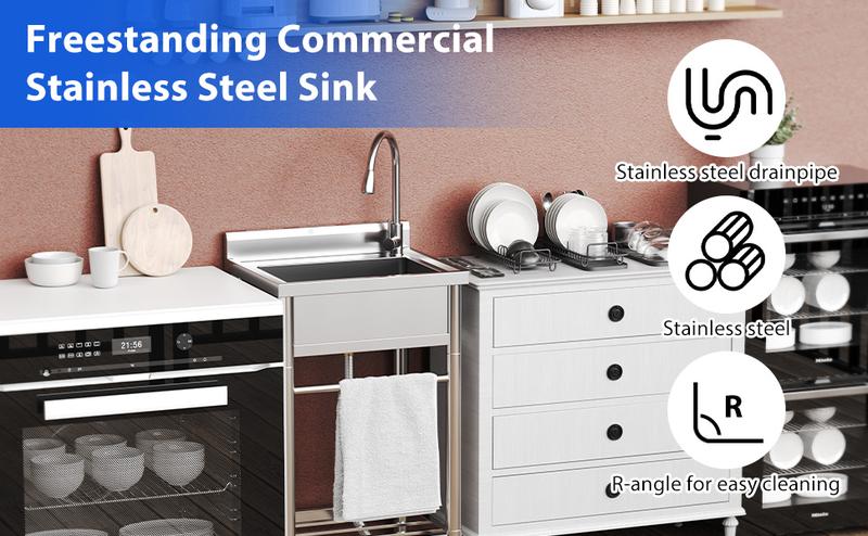 GARVEE Stainless Steel Sink, Freestanding Single Trough Commercial Kitchen Sink Set with Faucet, Commercial Single Bowl Kitchen Prep and Utility Sink for Restaurant, Garage