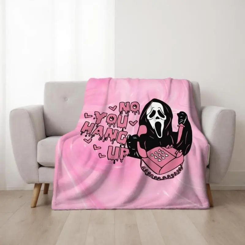 Soft Funny Print Ghost Face Blanket - Pink Horror Fleece, Fluffy, Fuzzy Texture, Cozy Lightweight Thick Throw for Couch & Bed, Halloween Valentine's Day Gift, Fluffy Blankets, Home & Travel
