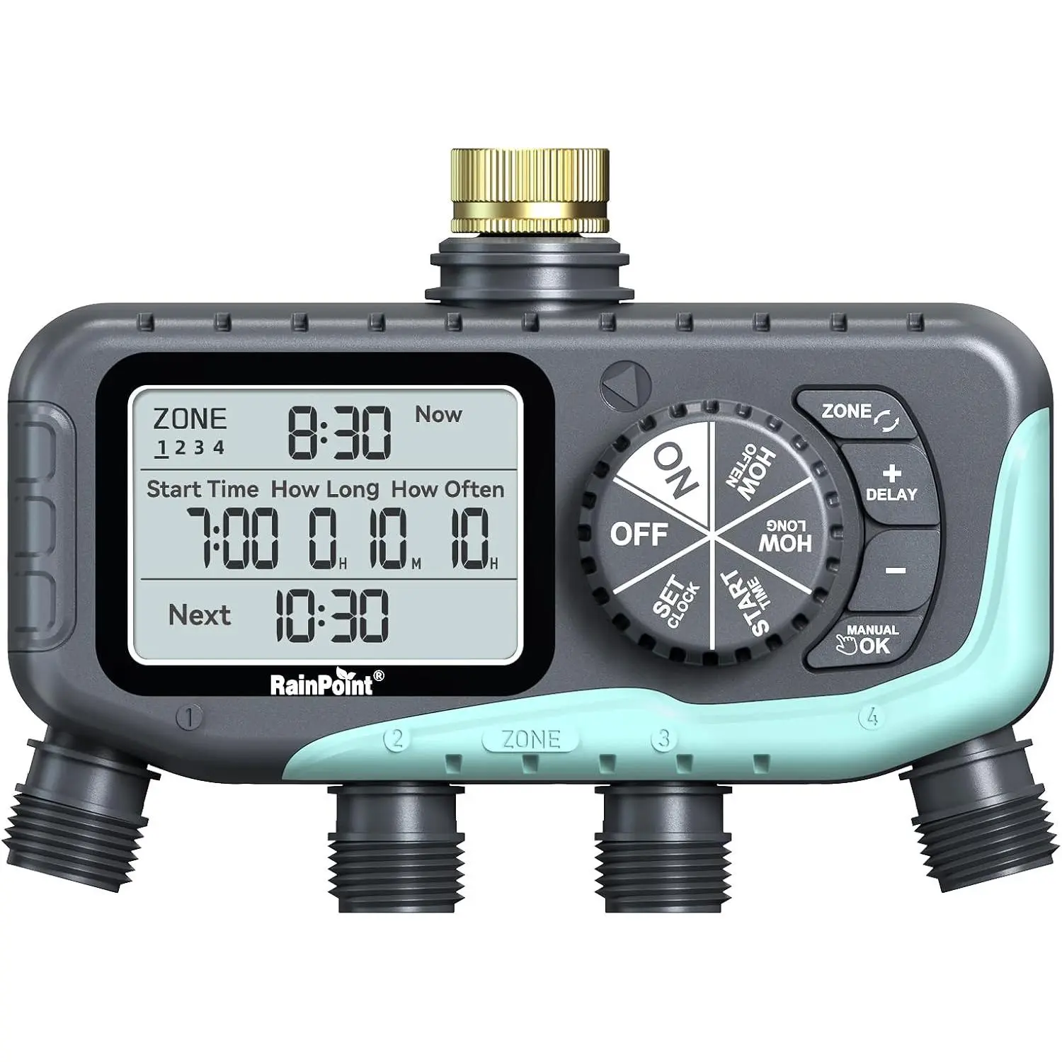 RAINPOINT 4-Zone Digital Sprinkler Timer with Brass Inlet, Water Sprinklers Controller for Garden Hose, Soaker Hose, Yard & Lawn, Featuring Rain Delay, Manual & Automatic Watering Systems, Garden Hose Connectors