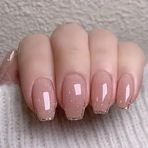 Hkanlre Medium Coffin Press on Nails Bling Fake Pink Nails Tips Full Cover False Gold French Nails for Women and Girls 24PCS