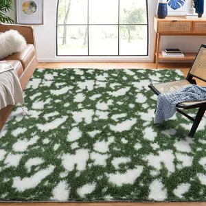 GARVEE 10x13 Soft Fluffy Large Green Shaggy Area Rug with Non-Slip Rubber Backing, Modern Cow Print Throw Rug, Luxury Plush Carpet for Living Room, Bedroom, Dorm, and Home Decor