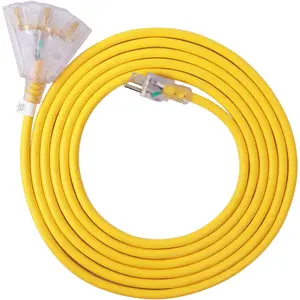 50 Ft Lighted Outdoor Extension Cord with 3 Electrical Power Outlets - 14/3 SJTW Heavy Duty Yellow Extension  with 3 Prong Grounded Plug - Power Cord for Lawn, Garden, Appliances