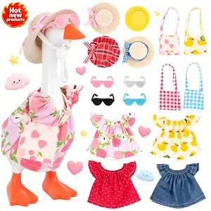 4 Sets 7" Summer Desk Goose Outfits Felt Hat Sunglasses Mini Bag T-Shirt Costume Funny Desktop Decor Accessories