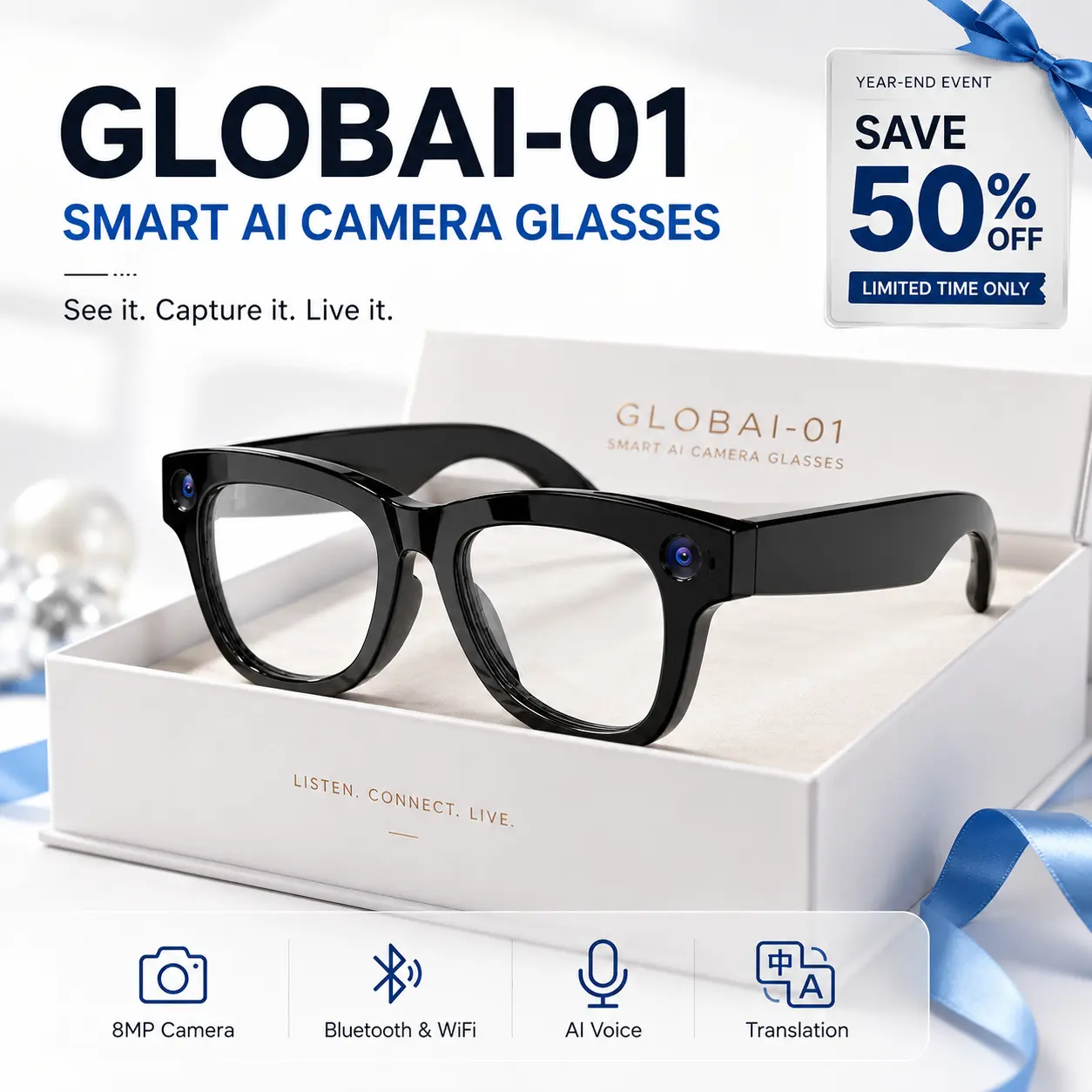 AI Smart Camera Glasses, 8MP HD Hands-Free POV Video Recording, Photochromic UV-Protection Lenses, Bluetooth Open-Ear Audio, AI Voice Assistant & Translation, Touch Control Smart Glasses for Travel, Driving, Outdoor & Gifts