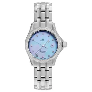 OMEGA Seamaster 28mm Quartz Ladies Watch, Blue Mother-of-Pearl Dial, Stainless Steel, Aftermarket Diamond-Set WHT026708 Joyce