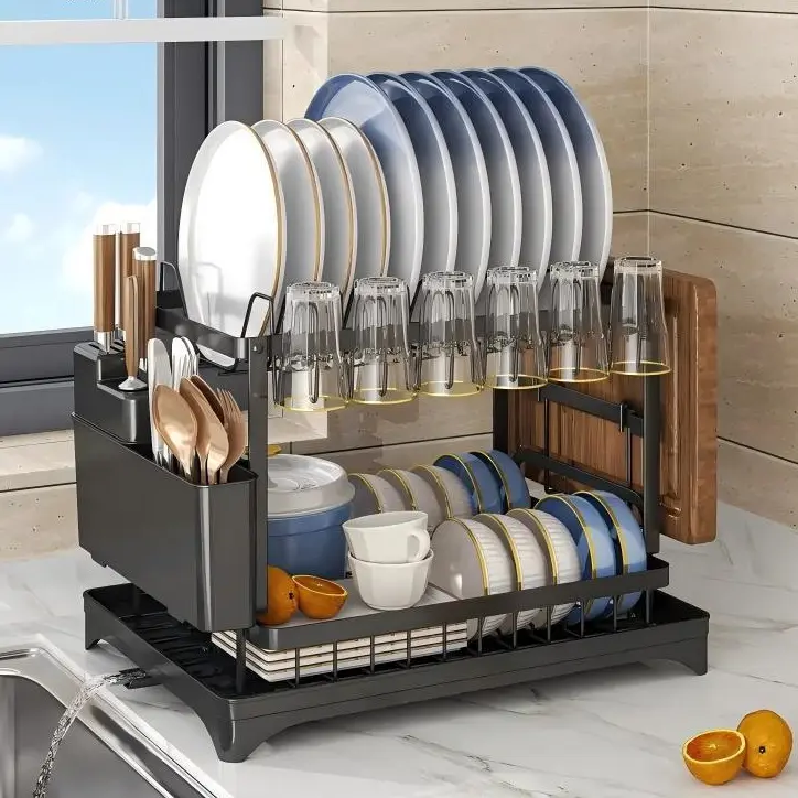 Stainless Steel 2-Layer Freestanding Countertop Kitchen Drying Rack Organiser - Laundry & Home Supply with Detachable Large-Capacity Drain Box, Knife, Cup, Cutting Board & Utensil Storage, Durable Space-Saving Easy Maintenance