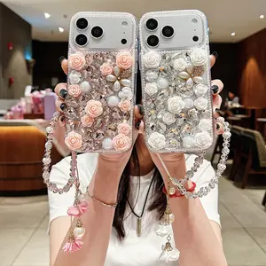 【De Yi】3D Bling DIY Pearl Rose Handmade Rhinestone Design Phone Case With Detachable Crystal Wrist Chain Spare Diamonds For Apple 17/16 Pro/Max Mobile Phone Case,Fashion Cute with Durable, Shock Absorbing and Stylish Design,Gifts for girls