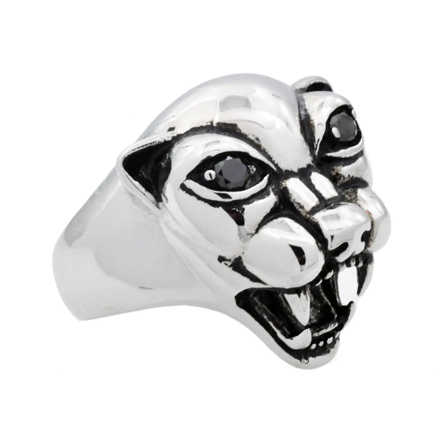 Mens Stainless Steel Panther Ring With Black Cubic Zirconia