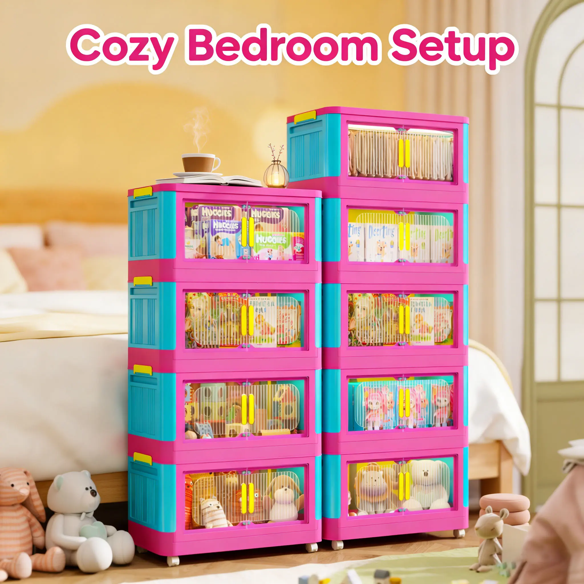 Large-capacity 4–5-tier storage cabinet, dopamine pink plastic storage tower, multi-layer storage cabinet suitable for bedrooms and living rooms, thickened and sturdy stackable wardrobe/closet storage unit with handles/wheels—an ideal choice for women’s a