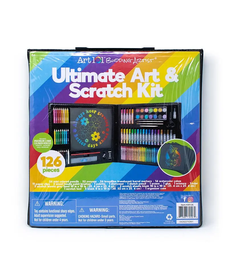 212 MAIN Ultimate Scratch Art & Creative Kit - 126-Piece Portable Organizer Case with Organized Tools, Scratch Sheets, Markers, Crayons, Colored Pencils, Watercolor Cakes, Washable Ink for Ages 5+