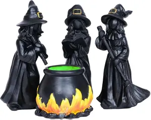Halloween Witch Figurine Set with Glowing Cauldron – 4PCS Resin Halloween Decorations for Tabletop Mantel Tiered Tray Indoor Haunted House Spooky Witch Statues, Mini Figurines Gothic Home Decor