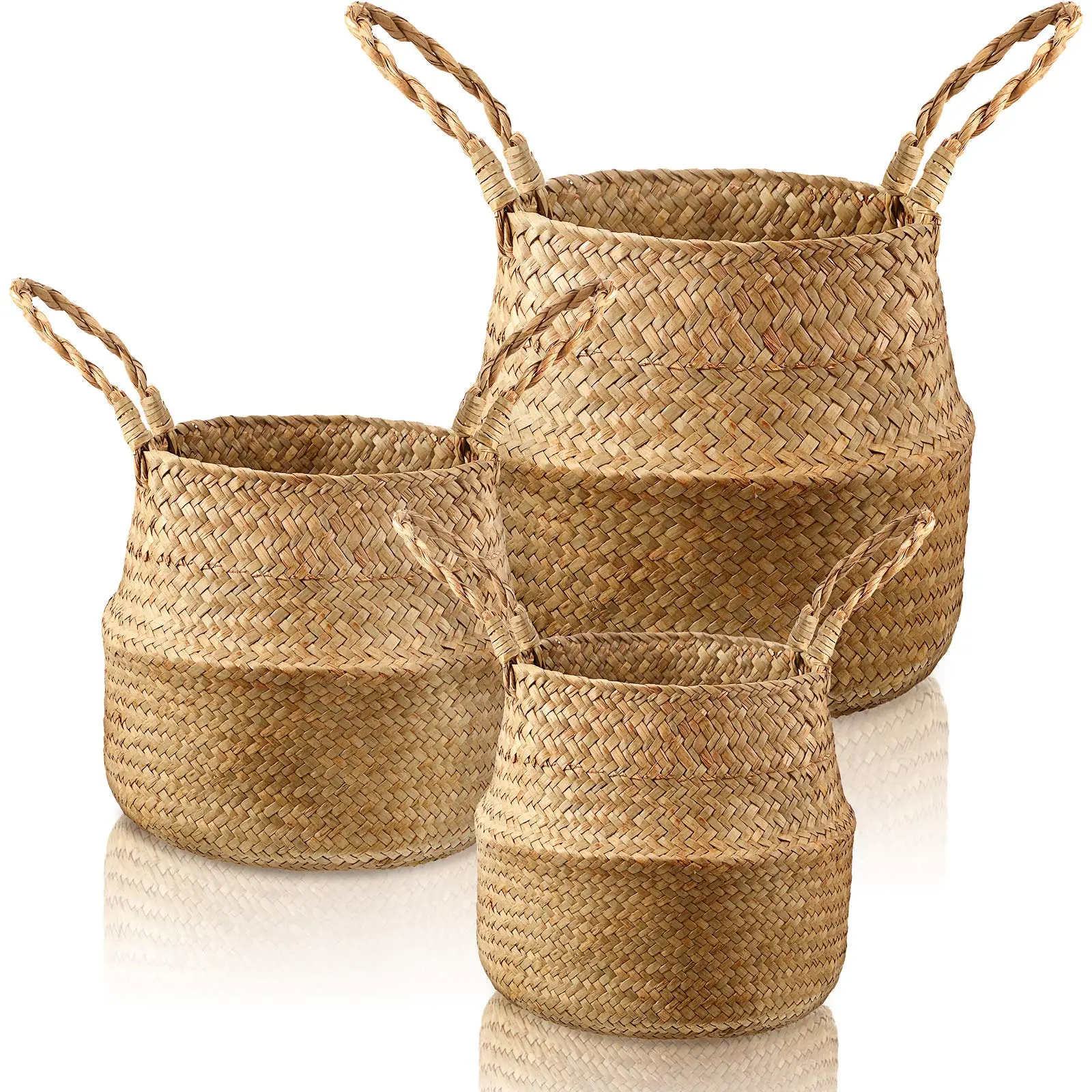 Woven Seagrass Belly Basket - Handcrafted Natural Planter with Handles, Ideal for Indoor Olive Trees, Bird of Paradise, and Other Artificial Plants (M