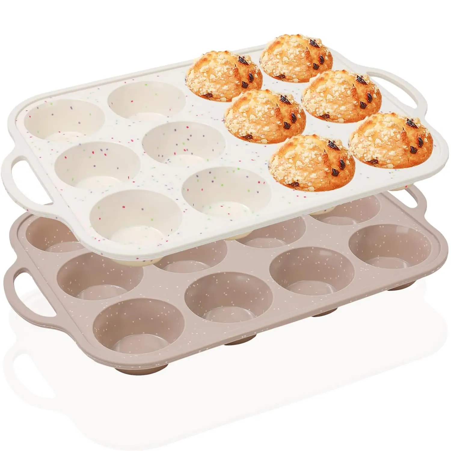 2-Pack Food-Grade Silicone Muffin Pans with Metal-Reinforced Frame, 12-Cup Regular Size Nonstick Baking Molds, Round Nonstick Muffin Cupcake Tins & Moulds, Pizza Mold, Flexible BPA-Free Oven-Dishwasher Safe Easy-Clean Family Bakeware