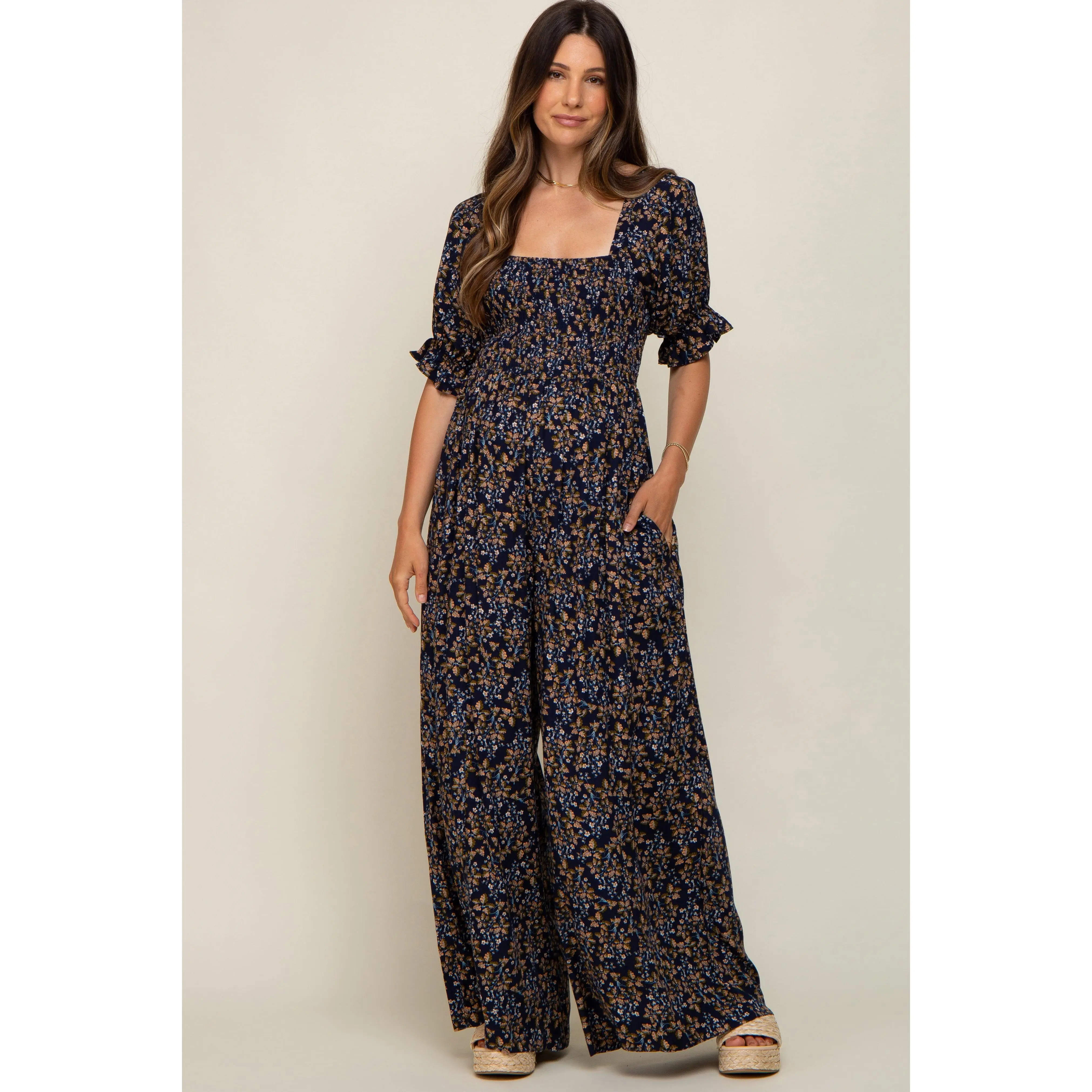 Navy Floral Smocked Maternity Jumpsuit