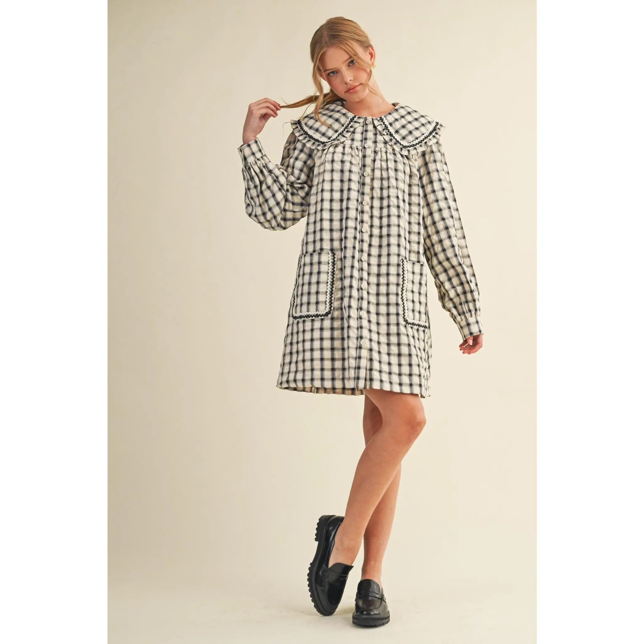 Peter Pan Collar Button Down Plaid Mini Dress - Black/Cream