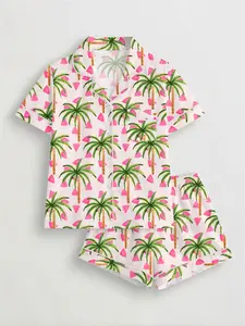 Women's Coconut Tree Printed Sleepwear Set, Short Sleeve Button-Up Top & Elastic Shorts, Casual Home Wear, All Seasons