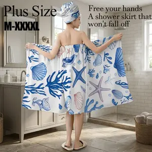 Plus Size M-XXXXL Ocean Starfish Seashell Print Bath Wrap Skirt & Hair Towel Set, Non-Slip Adjustable Shower Skirt for Bathroom, Spa, Beach Party, Summer Vacation