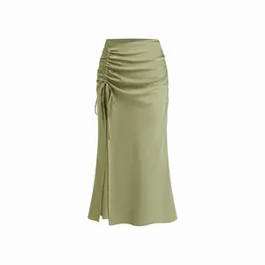 Cider Mid Rise Ruched Drawstring Zipper Mermaid Maxi Skirt